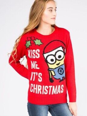 Despicable Me Minion Kiss Me It’s Christmas Ugly Christmas Sweater Red Sz Small